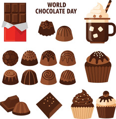 A vector set of delicious chocolate candies and gourmet sweets, including pralines and muffins, isolated on white