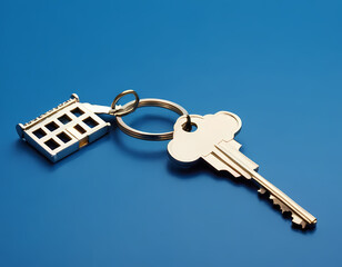 A silver key to a house, attached to a keychain, is shown against a blue background. empty space for copying onto the keychain. real estate property