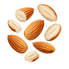 Whole and halved flying almonds for nutrition blogs, recipe illustrations and organic food visuals. Transparent Background, Cutout, PNG