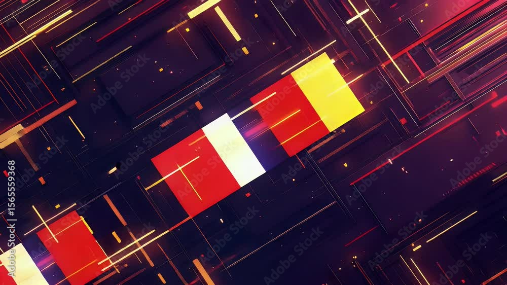Poster abstract digital 3d rendering featuring a network of interconnected blocks illuminated by vibrant re