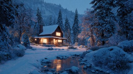 A warm and cozy cabin with glowing windows stands out in a tranquil snow-covered forest landscape during a peaceful winter night.