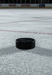 Hockey Puck on Ice Rink - A single black hockey puck rests on a freshly-zambonied ice rink, ready for the game