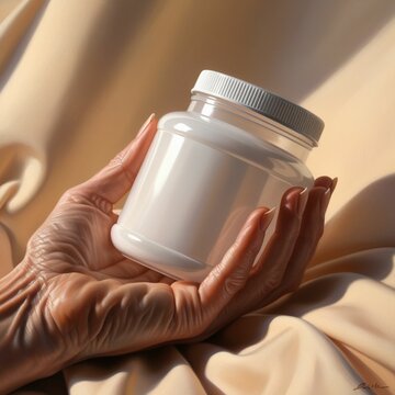 A human hand with delicate fingers and subtle veins, rendered in hyper-realistic oil painting, gently cradles a translucent white plastic jar with rounded edges and a screw-top 