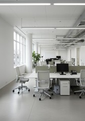 Modern Tech Office Workspace Interior Design - Sleek, minimalist office design. Modern furniture, bright lighting, open plan, collaborative workspace, efficient layout