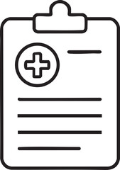 Medical Clipboard Icon with Plus Sign and Lines Representing Patient Information and Healthcare Documentation Outline black