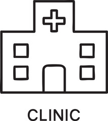 Obraz premium Simple Black and White Line Art Illustration of a Clinic Building with a Medical Cross on Top Labeled Clinic