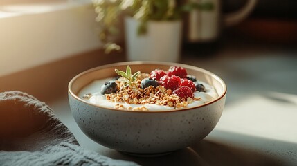 Yogurt bowl with fruits in sunny Kitchen