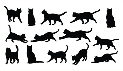 A collection of black silhouette images of cats in diverse poses, suitable for use in various design projects. Silhouettes of Cats in Various Poses.