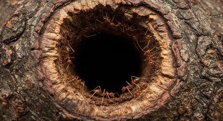 Close-up of Ants Working in a Tree Trunk Hole