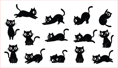 Cute Black Cat Silhouettes in Various Poses, Collection of playful, cartoonish black cat silhouettes in different poses.