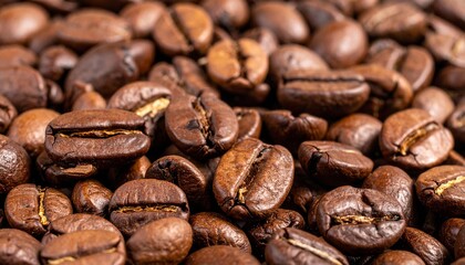 Close-up of Roasted Coffee Beans in Various Shades of Brown Representing Freshness and Aroma