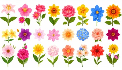 Diverse Collection of Colorful Flowers with Varied Petals and Leaves on a Bright Background