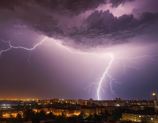 lightning in the city night with thunderstrom. Cold weather, heavy thunderstorm at night