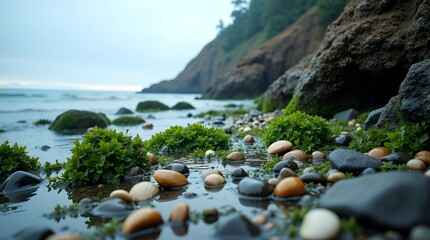A high-definition image of a rocky shoreline at low tide, showing tide pools filled with seaweed, shells, and glistening wet stones under overcast light --