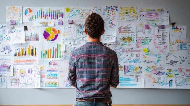 A person engages in brainstorming and planning with colorful charts and diagrams on a wall, showcasing creativity and teamwork in an office environment.