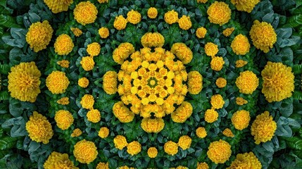 A stunning mandala crafted from vibrant yellow flowers and lush green leaves forming a unique and beautiful floral kaleidoscope backdrop reminiscent of the enchanting energy of the summer s