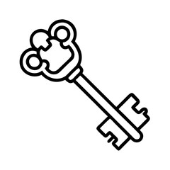 A minimalist illustration of a vintage ornate key with a black outline