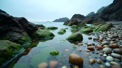 A high-definition image of a rocky shoreline at low tide, showing tide pools filled with seaweed, shells, and glistening wet stones under overcast light --