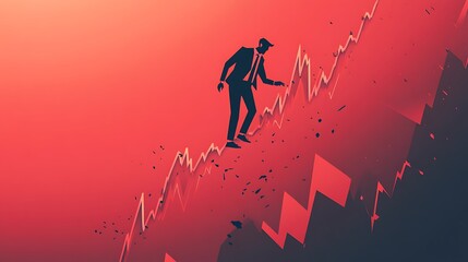 Silhouette of business person walking on falling stock chart with a red gradient photo