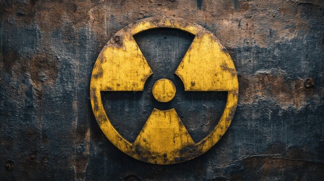 Nuclear radioactive round yellow danger symbol painted on a massive rusty metal wall with dark rustic grungy texture background. Nuclear war, ionizing radiation concept