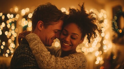 Romantic couple in sweaters dancing before new year eve at home. Young lovely man and african woman hugging over christmas bokeh lights. Multiethnic couple dancing in love with golden lights bokeh.,