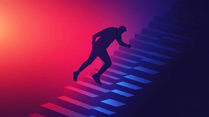 Silhouette of a person running up stairs with a gradient background a conceptual photo