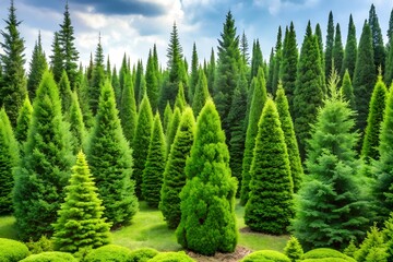 Fototapeta premium Green trees in a natural forest landscape with summer sky