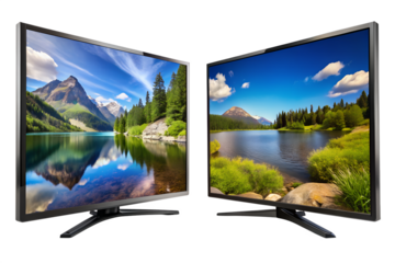 An LCD television with a digital display rests on grass under the sky, illustrating outdoor technology