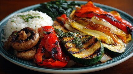 Grilled summer veggies like zucchini, peppers, onions, and mushrooms. Served with rice and spinach. A simple, tasty dish inspired by Greek or Turkish cooking.