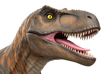 A menacing T-Rex toy with jaws wide open, showcasing its formidable teeth, isolated against a white background