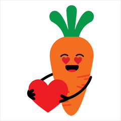 Cute happy carrot character fall in love, cartoon vegetable vector illustration. Perfect for seasonal designs and food emoticons.