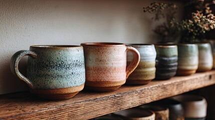 Handmade clay mugs sit on a simple wood shelf. Their natural colors and shapes show off the charm of pottery made by skilled artists.