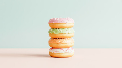 A minimalist food photography composition of four stacked donuts against a light mint green background