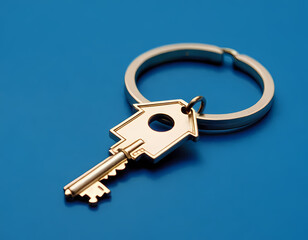 A silver key to a house, attached to a keychain, is shown against a blue background. empty space for copying onto the keychain. real estate property
