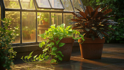 Obraz premium Golden Pothos and Calathea Plants in Terracotta Pots near Greenhouse Window in Warm Sunlight