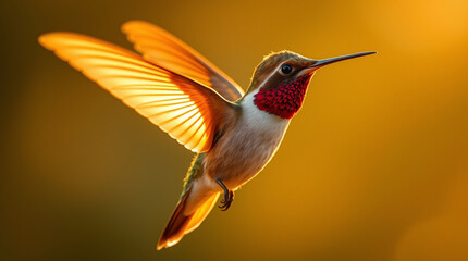 A graceful and elegant hummingbird bathed in a warm golden glow, refined features, radiant and luxurious