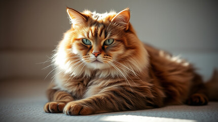 A graceful, elegant fat cat with refined features, bathed in gentle soft light