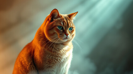 A graceful, elegant fat cat with refined features, rendered in warm terracotta and cool teal