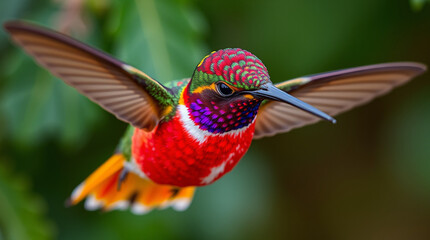 A high angle perspective of a hummingbird, viewed from above, vibrant electric colors