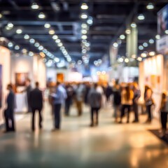 Trade Show Event Blur - Blurred background of a trade show or exhibition event with booths and attendees.