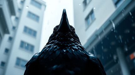 A high-resolution stock photo of a crow, viewed from a low angle, in a wet rainy scene