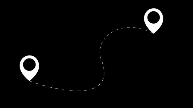 Animated destination, path, and route icon showing map, location pin, and dotted travel line for navigation, j