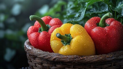 Fresh, colorful peppers in a wicker basket