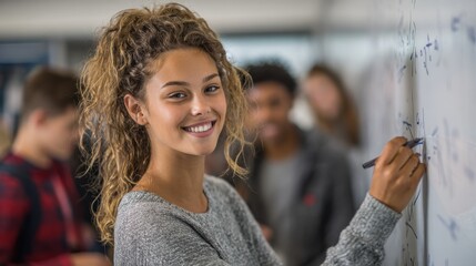 Happy college student writing equation on white board in class. Satisfied young girl solving math problem on whiteboard with classmates in background watching her. Proud high school student writing.,