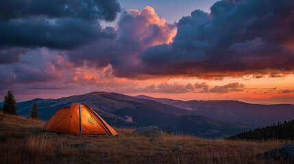 Glowing orange tent under dramatic red sunset sky in summer mountains, ideal for travel ads, camping gear promotions, outdoor blogs, and adventure-themed visuals. Generative AI.

