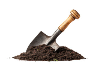 PNG Shovel in soil: gardening tool with wooden handle in dirt