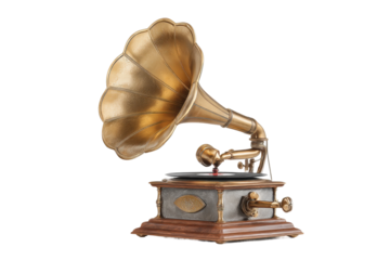 PNG Vintage brass gramophone with wooden base and crank handle