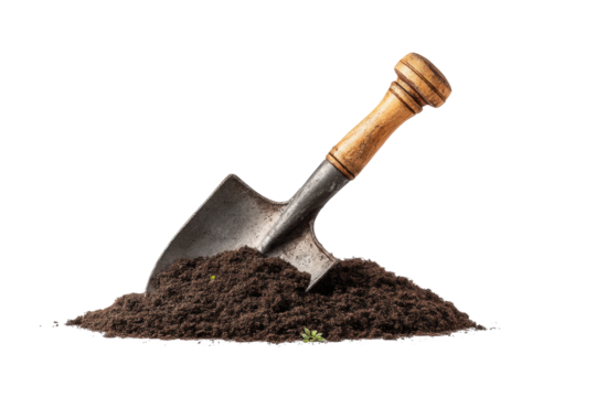 PNG Shovel in soil: gardening tool with wooden handle in dirt