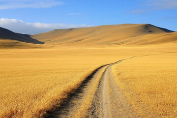 Lonely road through vast yellow fields in a desert landscape