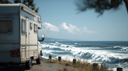 A close-up of a well-equipped camper van, parked at a scenic rest stop along a coastal road with the ocean waves gently crashing in the background